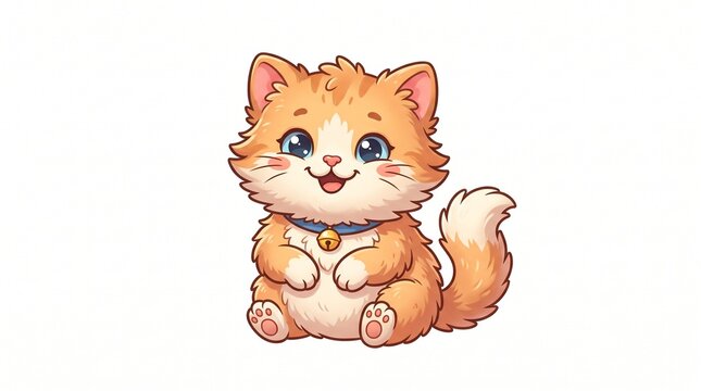 Adorable chibi orange kitten with big blue eyes, pink cheeks, a bell collar, fluffy fur, and a cheerful smile on a white background.