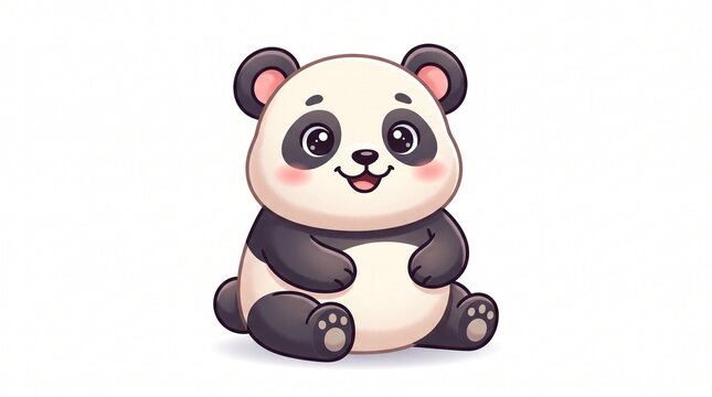 Adorable chibi baby panda with black and white fur, big shiny eyes, pink cheeks, and a happy smile, sitting on a white background.