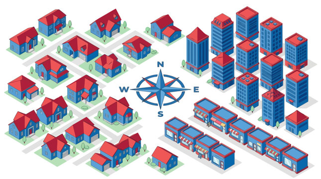 Isometric city buildings set with houses skyscrapers shops and compass rose vector illustration. EPS Editable
