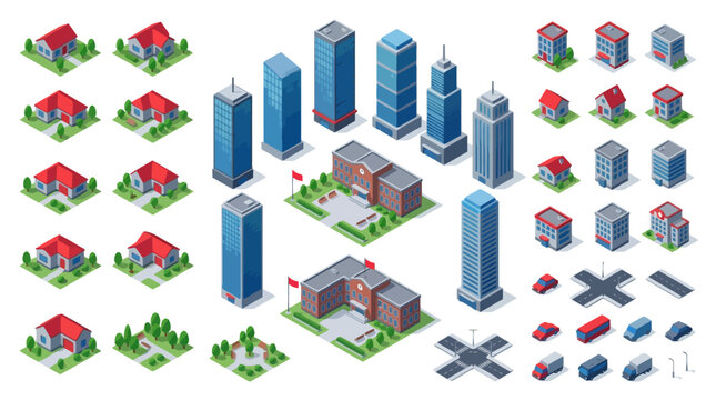 Isometric city buildings and houses vector set with skyscrapers roads and cars. EPS Editable