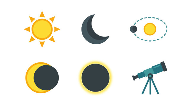 Set of solar eclipse and astronomy icons featuring sun moon and telescope. EPS Editable