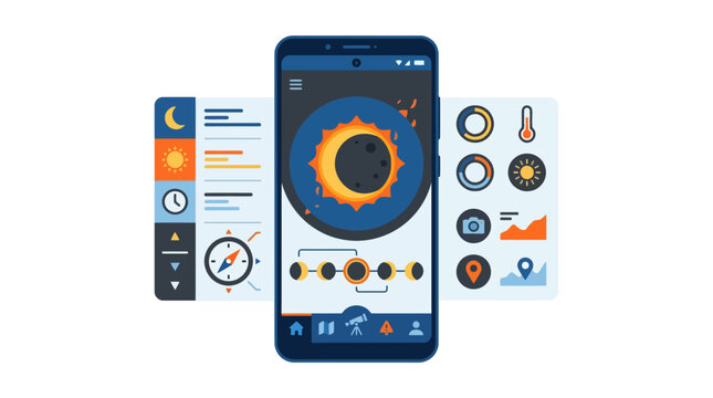 Smartphone displaying solar eclipse astronomy tracking application interface. EPS Editable
