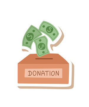 Money donation box sticker in soft color style. Charitable cash box as friendly charity symbol and help icon. Simple support label for give and donate, community contribution fundraising aid, cute