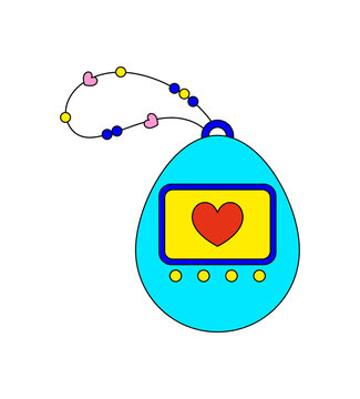 Y2K retro digital pet game symbol in bright blue with a yellow heart detail, playful 90s player electronic style and groovy technology vibe, flat minimal look for pop culture and love concept.