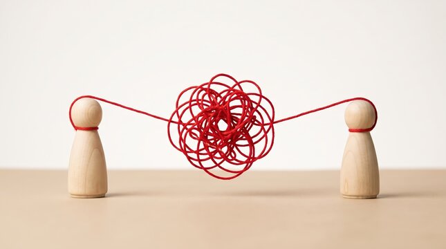 Two wooden peg people connected by tangled red string on neutral background. Visual metaphor for communication breakdown, complex relationships, and problem solving.