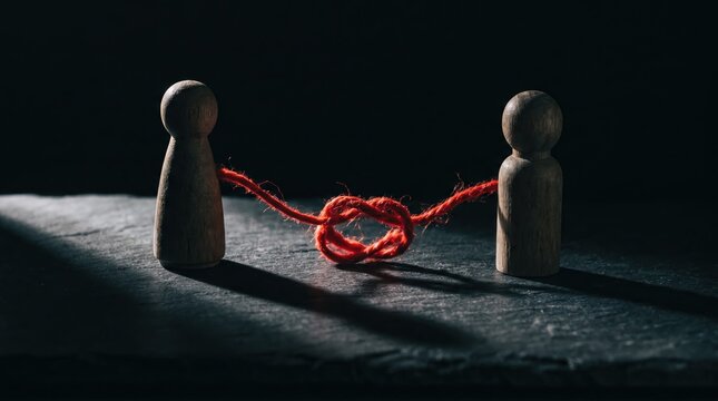 Conceptual 3D render of wooden peg dolls connected by knotted red string on dark stone for relationship counseling and conflict resolution
