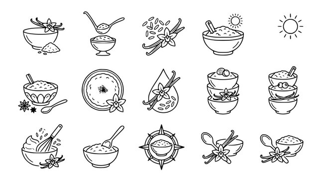 Vanilla bean and powder icons: bowls, spoons, whisk, sun, drop, compass, seeds