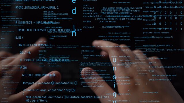 Hands typing on a keyboard create an abstract composition of glowing computer code against a dark background, highlighting themes of technology and programming. Xenic