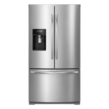 36 in. 27.8 Cu. Ft. Stainless Steel French Door Refrigerator Isolated on White. Front View Three Door Bottom Mount Fridge Freezer with Door Storage. Kitchen Domestic Major Appliances. Full Frost Free