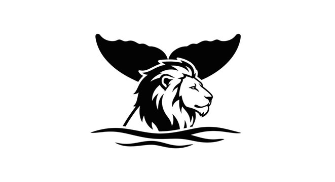 Lion head with whale tail emerging from water.