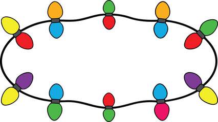 Obraz premium Colorful Christmas String Lights Border Frame Vector with Glowing Holiday Bulbs Isolated on Transparent Background