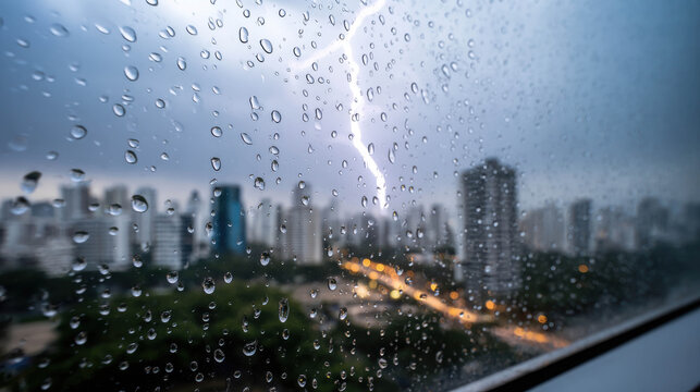 A dramatic lightning strike illuminates the sky over a cityscape during a heavy rainstorm. The raindrops on the window create a textured foreground.