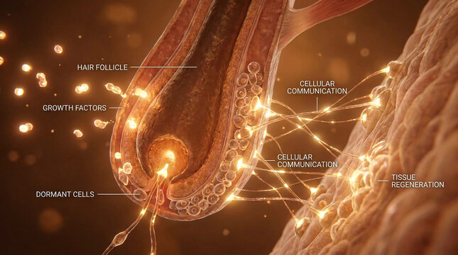 Microscopic view of growth factors activating hair follicle in human skin