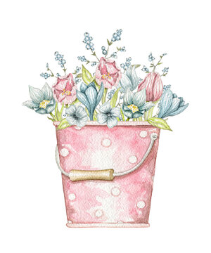 Vintage pink bucket with polka dot pattern and with vintage spring flowers isolated on white background. Watercolor hand drawn illustration