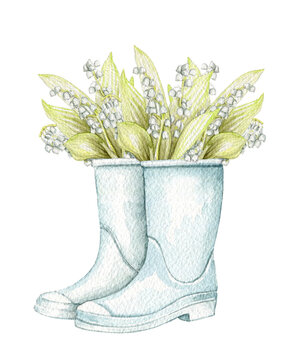 Vintage blue gumboots with bouquet with lilies of the valley isolated on white background. Watercolor hand drawn illustration