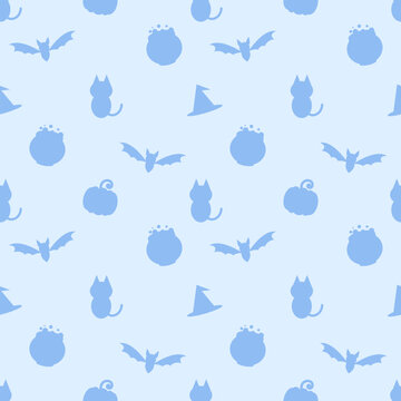 Cute Blue Pastel Halloween Silhouette Seamless Pattern