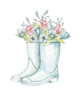 Vintage blue gumboots with vintage spring flowers isolated on white background. Watercolor hand drawn illustration