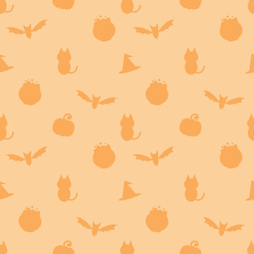 Cute Orange Pastel Halloween Silhouette Seamless Pattern