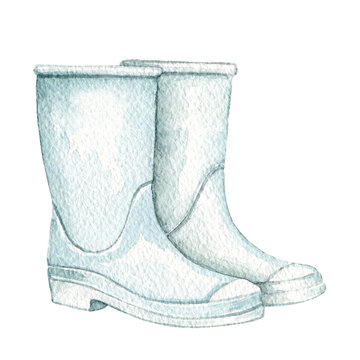 Vintage pair of blue rubber boots isolated on white background. Watercolor hand drawn illustration