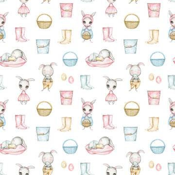 Seamless pattern with Easter cartoon cute bunnies, basket, bucket, boots and eggs isolated on white background. Watercolor hand drawn illustration