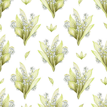 Seamless pattern with bouquet with lilies of the valley isolated on white background. Watercolor hand drawn illustration