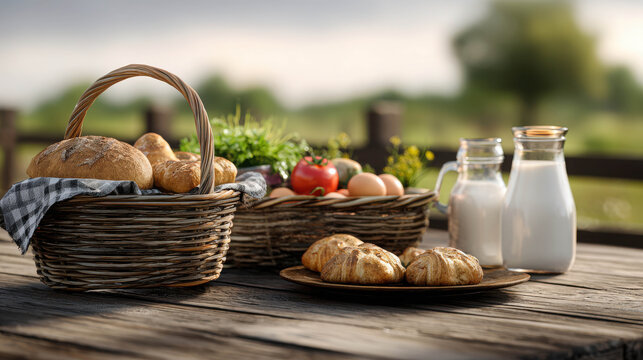 A delightful spread of fresh produce and baked goods sits on a rustic wooden table, bathed in soft natural light. A woven basket overflows with crusty bread and croissants.