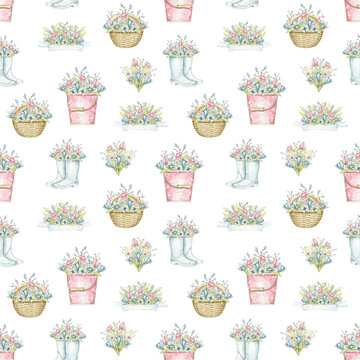 Seamless pattern with wicker baskets, buckets and rubber boots with spring flowers bouquet isolated on white background. Watercolor hand drawn illustration