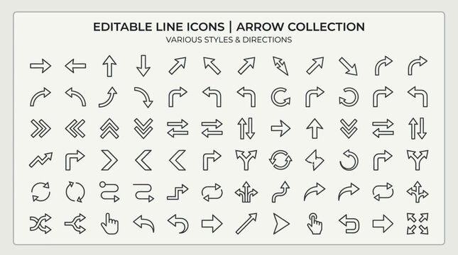 Editable Line Arrow Icons Collection with Various Styles and Directions. Modern UI, Navigation, Pointer Symbols Set.