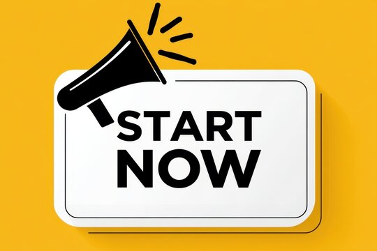 Megaphone Icon with Start Now Text in a Speech Bubble on a Yellow Background