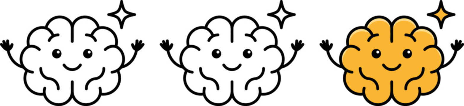 Cute brain character icon set, smart thinking concept, vector illustration