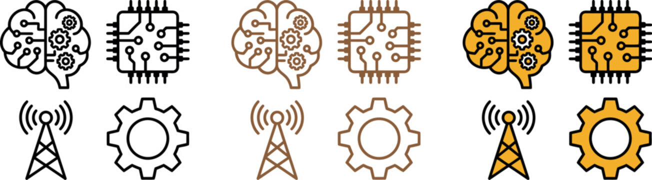 Set of artificial intelligence and technology icons, brain, chip, gear