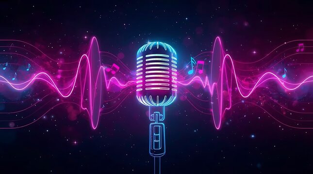 Retro microphone with neon sound waves and musical notes in a starry night