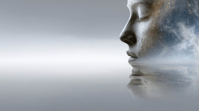 A contemplative profile of a person's face superimposed with a cloudy sky and its reflection on the water. The image evokes a sense of introspection and connection with nature