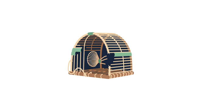 Colorful hamster cage with exercise wheel and wooden base.