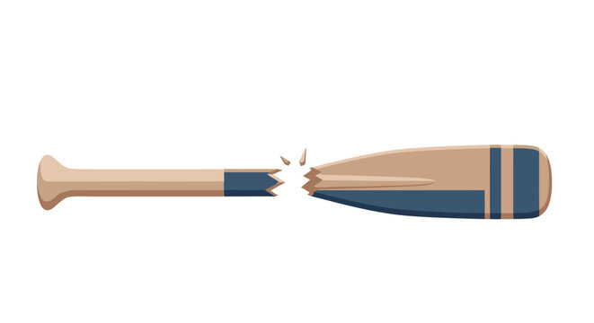 Broken wooden oar with blue stripes and handle.