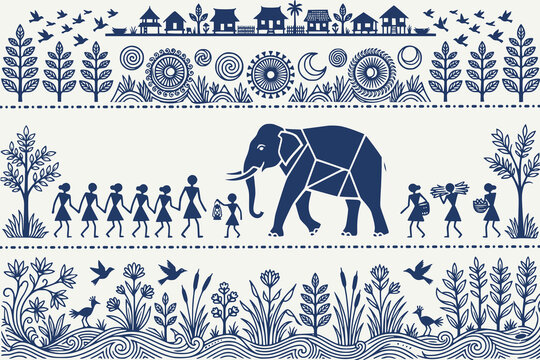 Traditional folk art illustration of a Thai or Indian elephant walking with villagers at night beneath the moon and stars, surrounded by village houses, trees, flowers, and nature in decorative blue a