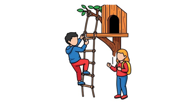 Children playing near a treehouse with a ladder.