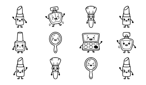 Cute kawaii makeup character vector set with funny cartoon lipstick brush perfume nail polish mirror eyeshadow and sweet beauty cosmetics line art for kids