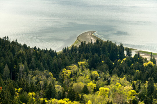 Canada, BC, Hornby Island. Shingle Spit jutting out into the Lambert Channel viewed from the ridge of Mount Geoffrey Escarpment Provincial Park.