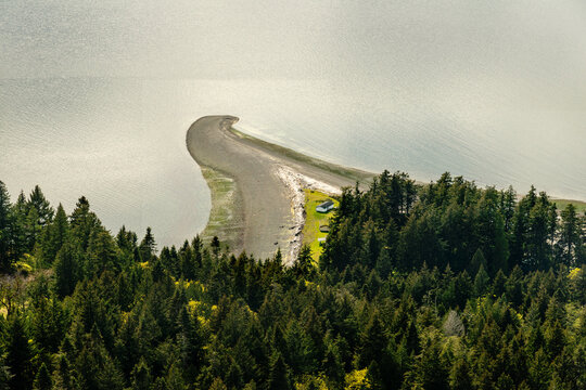 Canada, BC, Hornby Island. Shingle Spit jutting out into the Lambert Channel viewed from the ridge of Mount Geoffrey Escarpment Provincial Park.