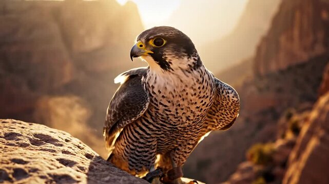 Majestic falcon with jesses perched on a sunlit rock in a rugged desert canyon during golden hour
