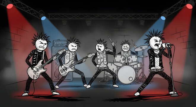 Punk rock band performing live on stage with spotlights