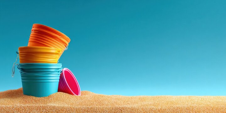 Colorful beach buckets stacked on sand with a bright blue sky background