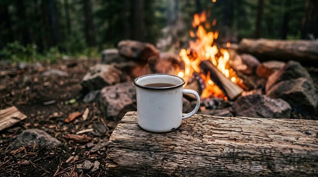 White enamel camping mug filled with black coffee resting on a rustic log near a crackling campfire in a dark forest setting during a camping trip adventure