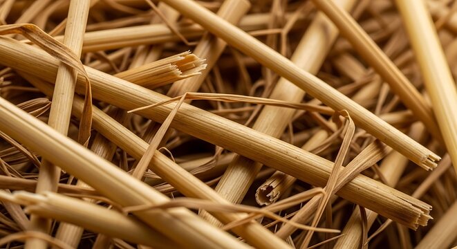 Macro close up view of dry golden wheat straw texture with agriculture, material