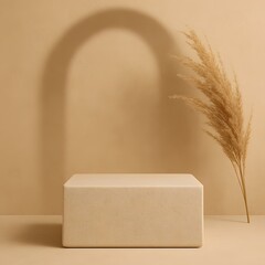 Beige stone podium with arch shadow and pampas grass, product display mockup © Tharshan