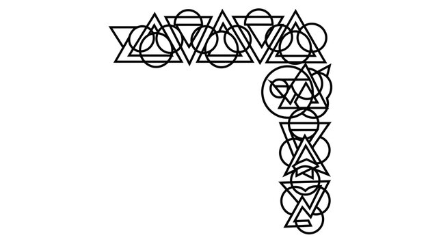 Interlocking geometric corner ornament featuring abstract triangle and circle shapes in black line art