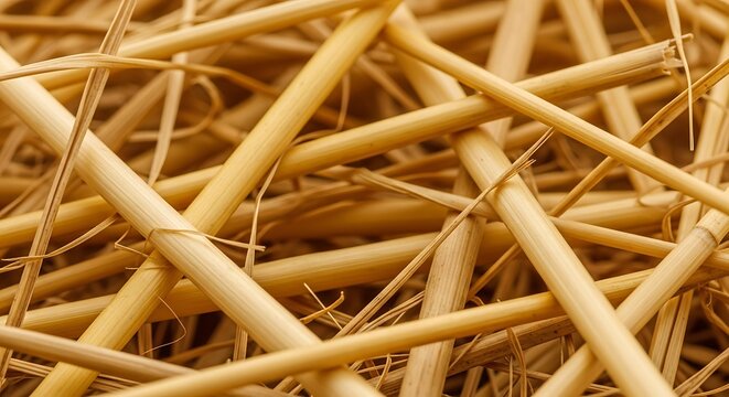 Close-up of dry golden straw stalks natural texture background material