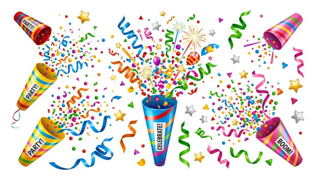Party Clapper Confetti Explosion 3D Vector Set Celebration Birthday Carnival Streamers Stars White Background