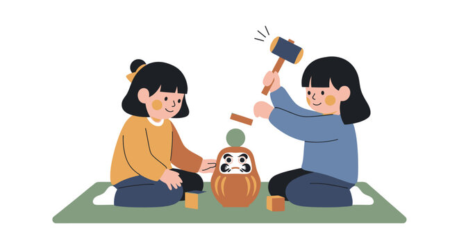 Children playing with traditional Japanese Daruma doll.